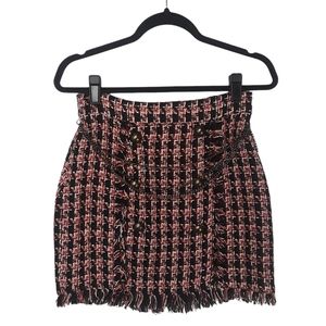 TWELVE BY TWELVE Tweed Plaid Chain Raw Hem Red Black Skirt Medium